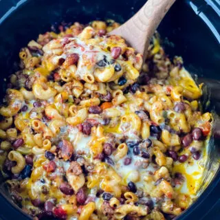 chili mac and cheese in a Crockpot slow cooker