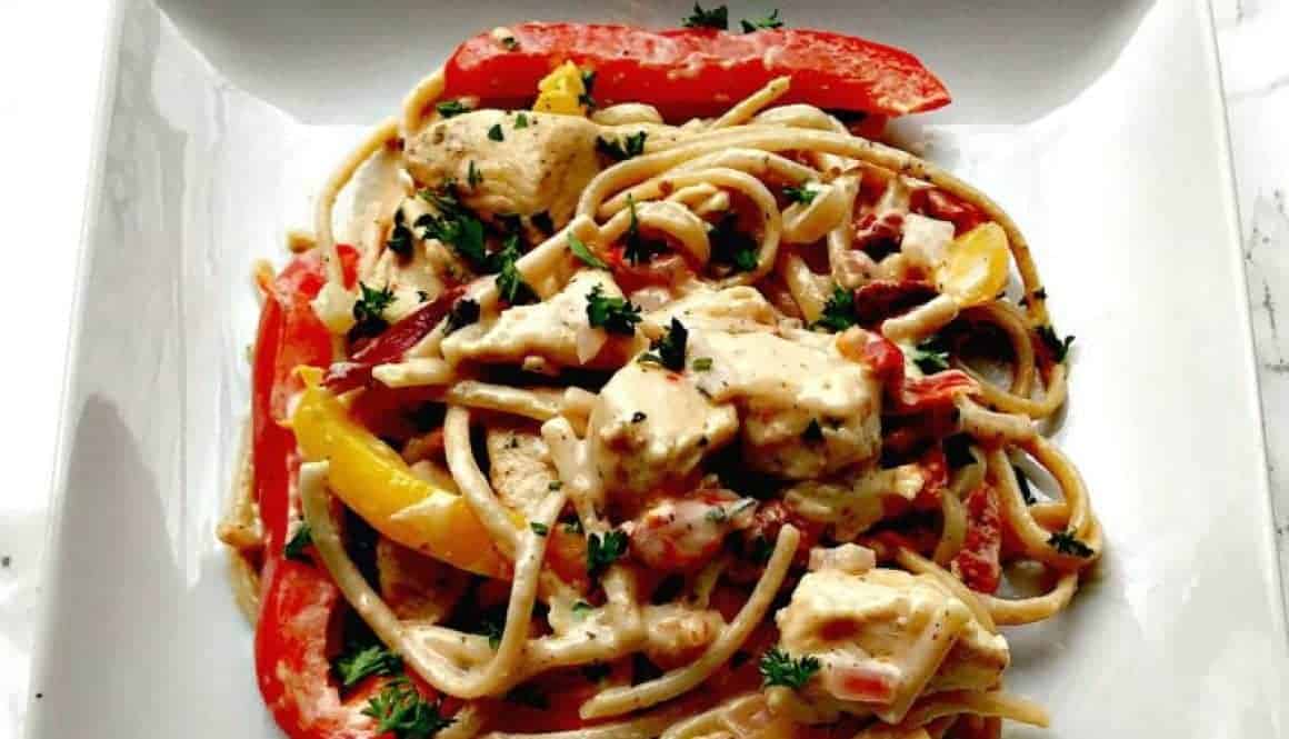 Healthy, Skinny Creamy Cajun Chicken Pasta with Whole Wheat Linguine