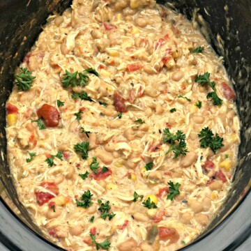 overview of a slow cooker filled with white chicken cihli