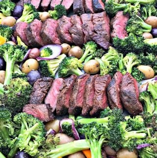 overview of baking pan with steak and veggies