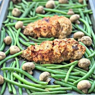 sheet pan almond crusted chicken stuffed with smoked cheddar and bacon