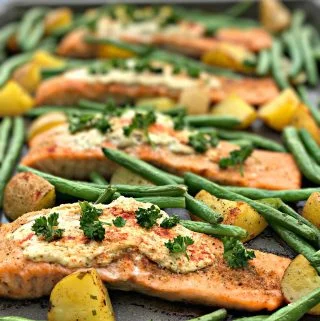 sheet pan garlic herb goat cheese stuffed salmon