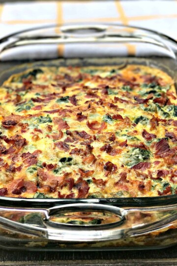 Bacon, Egg, and Spinach Breakfast Casserole in a glass baking dish