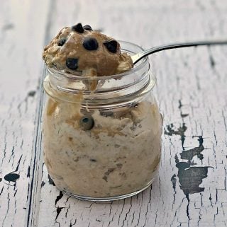 Chocolate Chip Cookie Dough Protein Overnight Oats in a glass jar