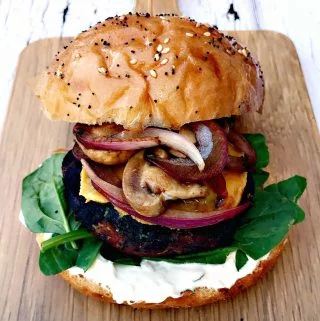 Truffle Oil Mushroom Onion Burger on a cutting board