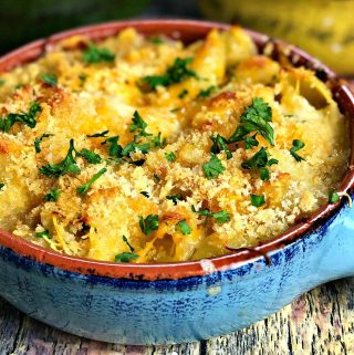 Baked Macaroni and Cheese with Caramelized Onions and Mushrooms in a bowl