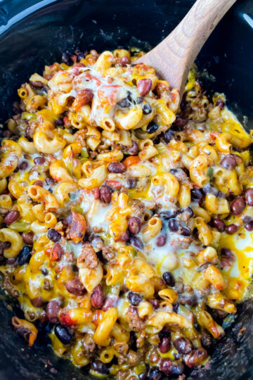 chili mac and cheese in a Crockpot slow cooker