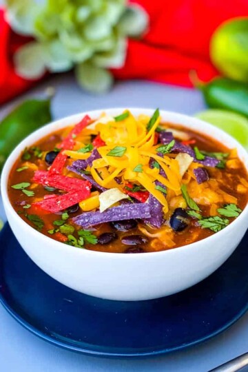 Instant Pot Chicken Tortilla Soup in a white bowl