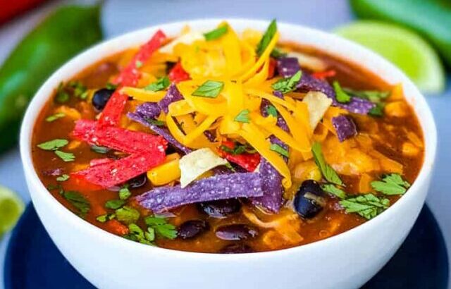 Instant Pot Chicken Tortilla Soup in a white bowl