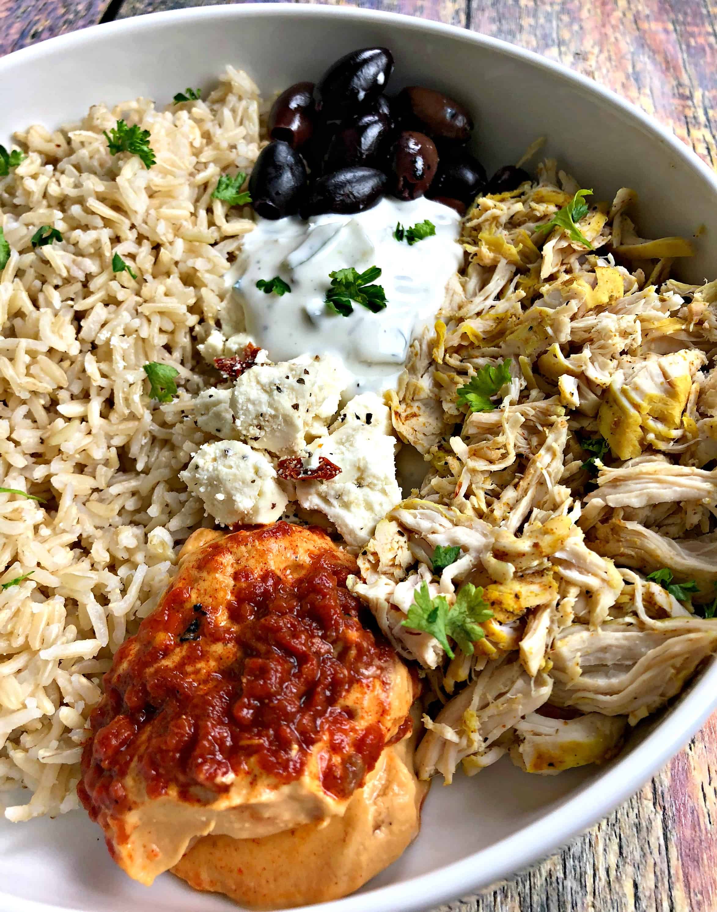 Instant Pot Mediterranean Greek Shredded Chicken and Brown Rice Bowl