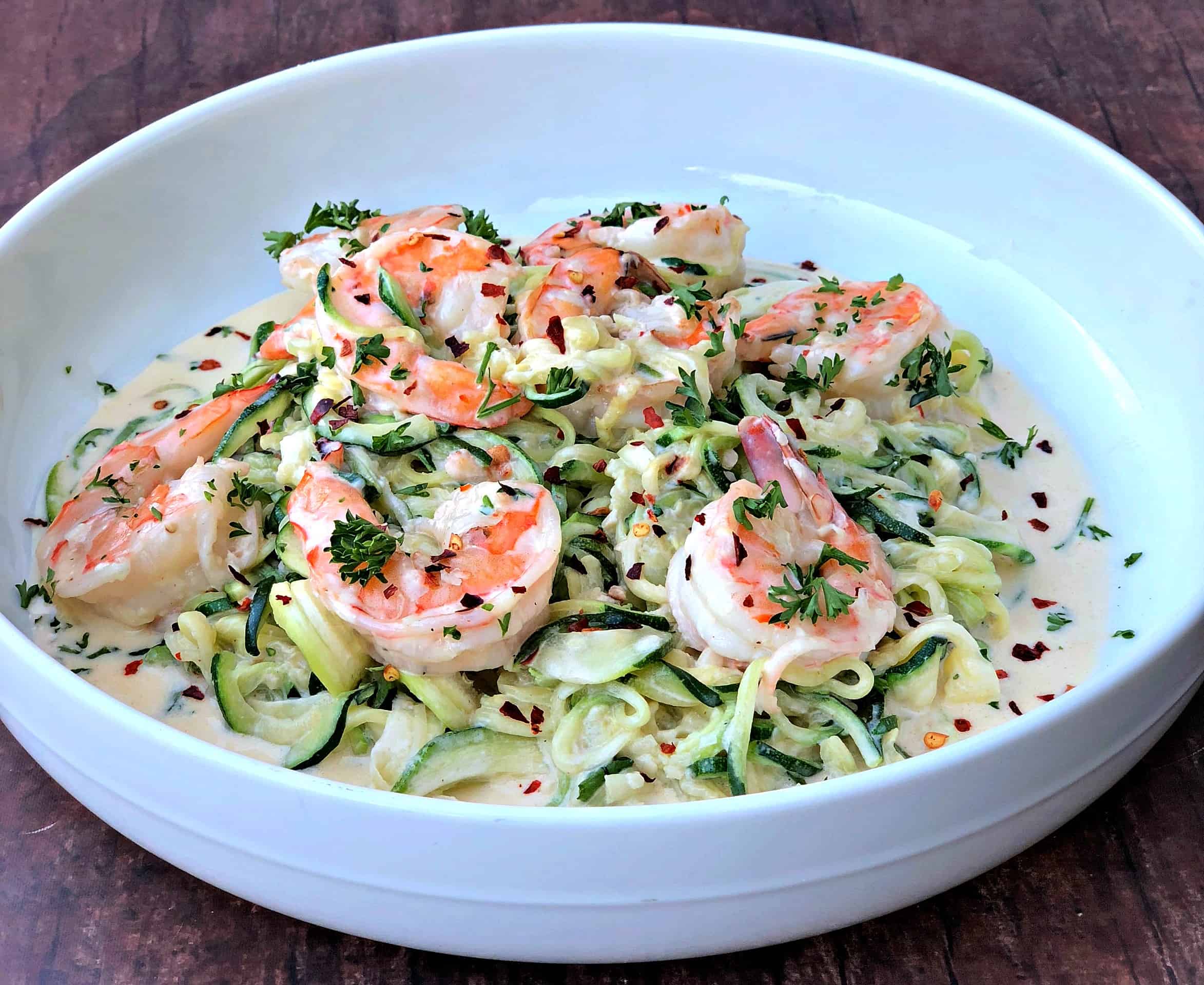 Keto Low-Carb Creamy Garlic Shrimp Alfredo Zucchini Noodles (Zoodles)