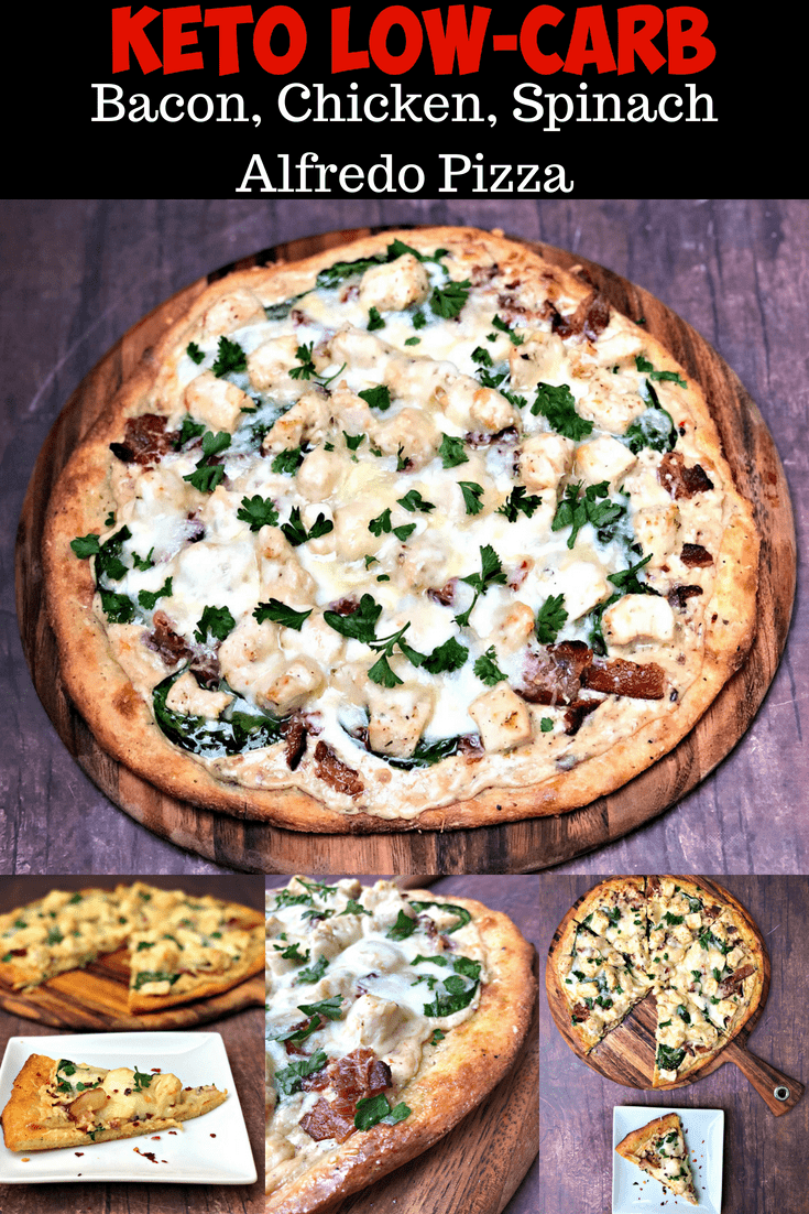 Keto LowCarb Bacon, Chicken, Spinach Alfredo Fathead Pizza