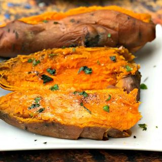 instant pot sweet potatoes on a white plate