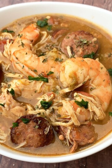 chicken and seafood instant pot gumbo in a white bowl