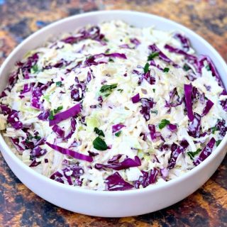 keto low carb coleslaw in a white bowl