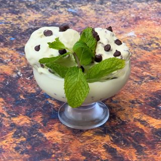 keto low carb mint chocolate ice cream in a glass bowl with chocolate chips