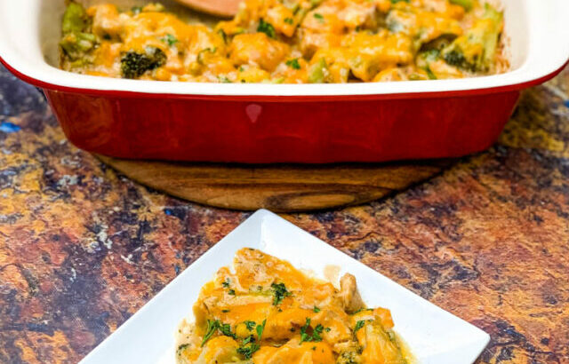 Keto Broccoli Cheese Casserole on a white plate and in a red baking dish