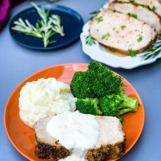 air fryer pork loin with cauliflower mash and broccoli