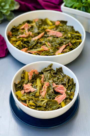 instant pot collard greens in white bowls with smoked turkey