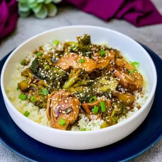 Instant Pot teriyaki chicken in a white bowl