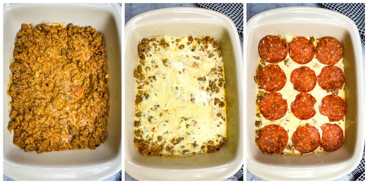 process photos showing how to layer keto low carb pizza casserole in a red dish