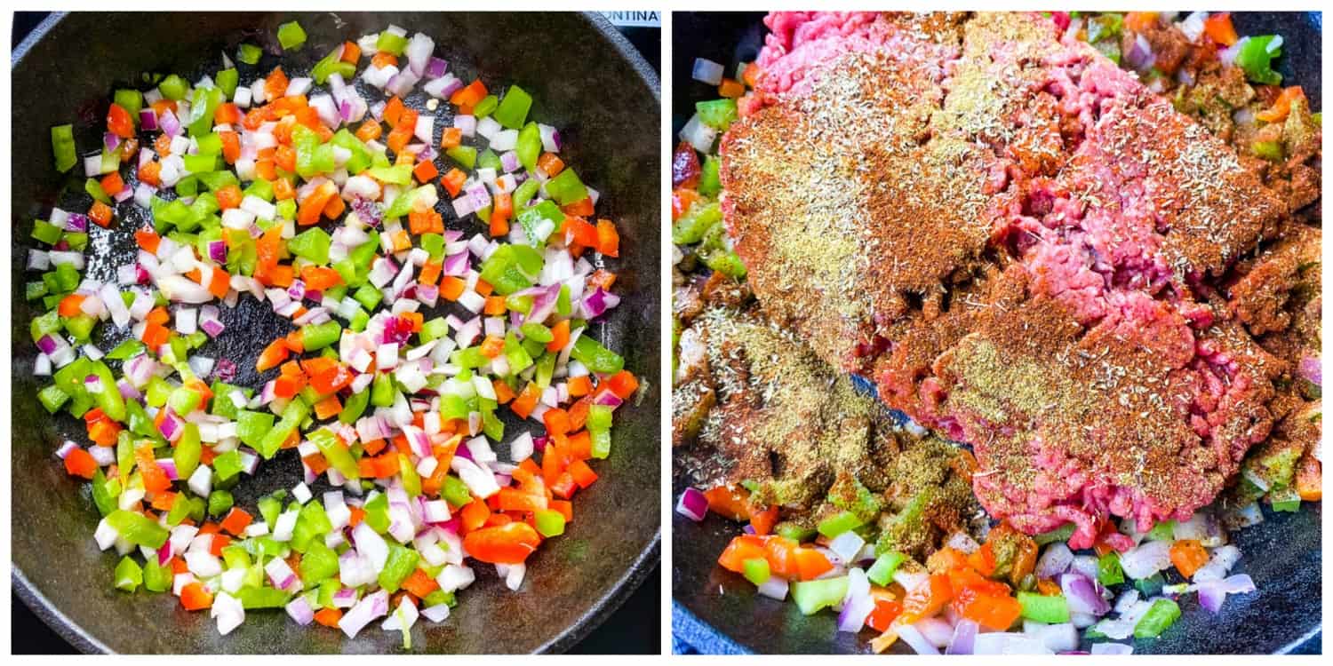 onions, red pepper, and green peppers sauteed in a cast iron skillet with ground beef