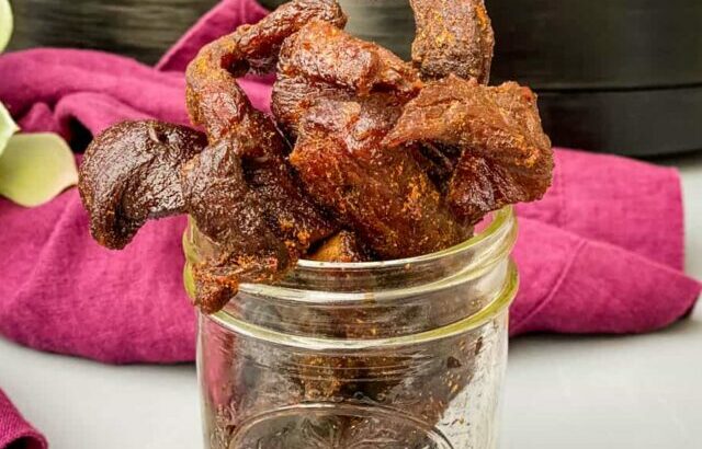 air fryer beef jerky in a glass cup