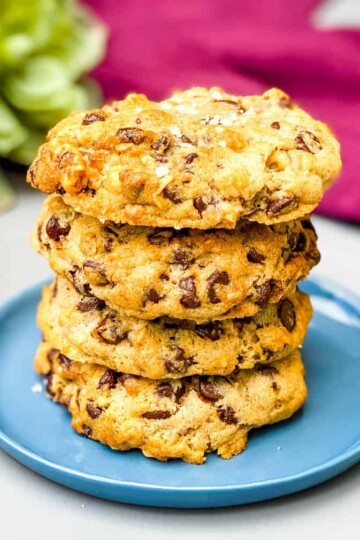 air fryer chocolate chip cookies on a blue plate