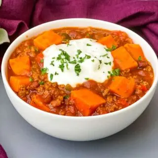 sweet potato chili in a white bowl