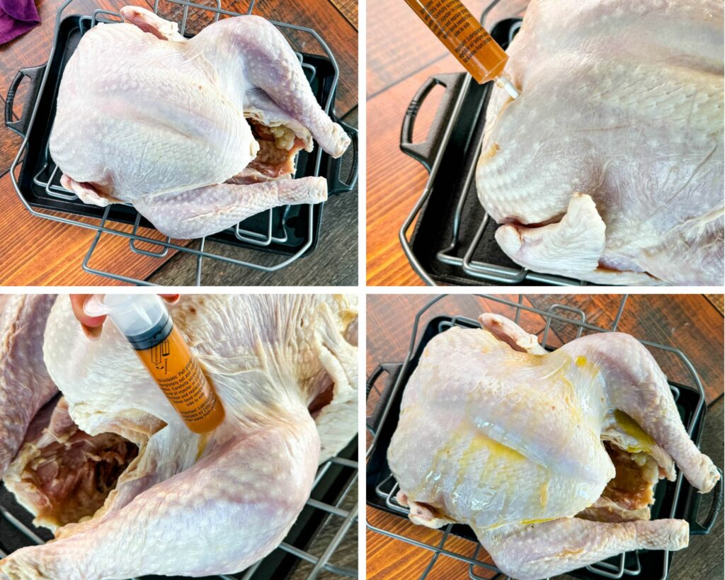 collage of 4 photos with raw turkey in a roasting pan injected with butter and drizzled with olive oil