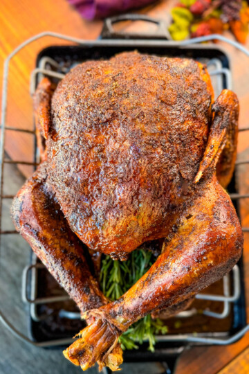 roasted Cajun seasoned turkey in a roasting pan