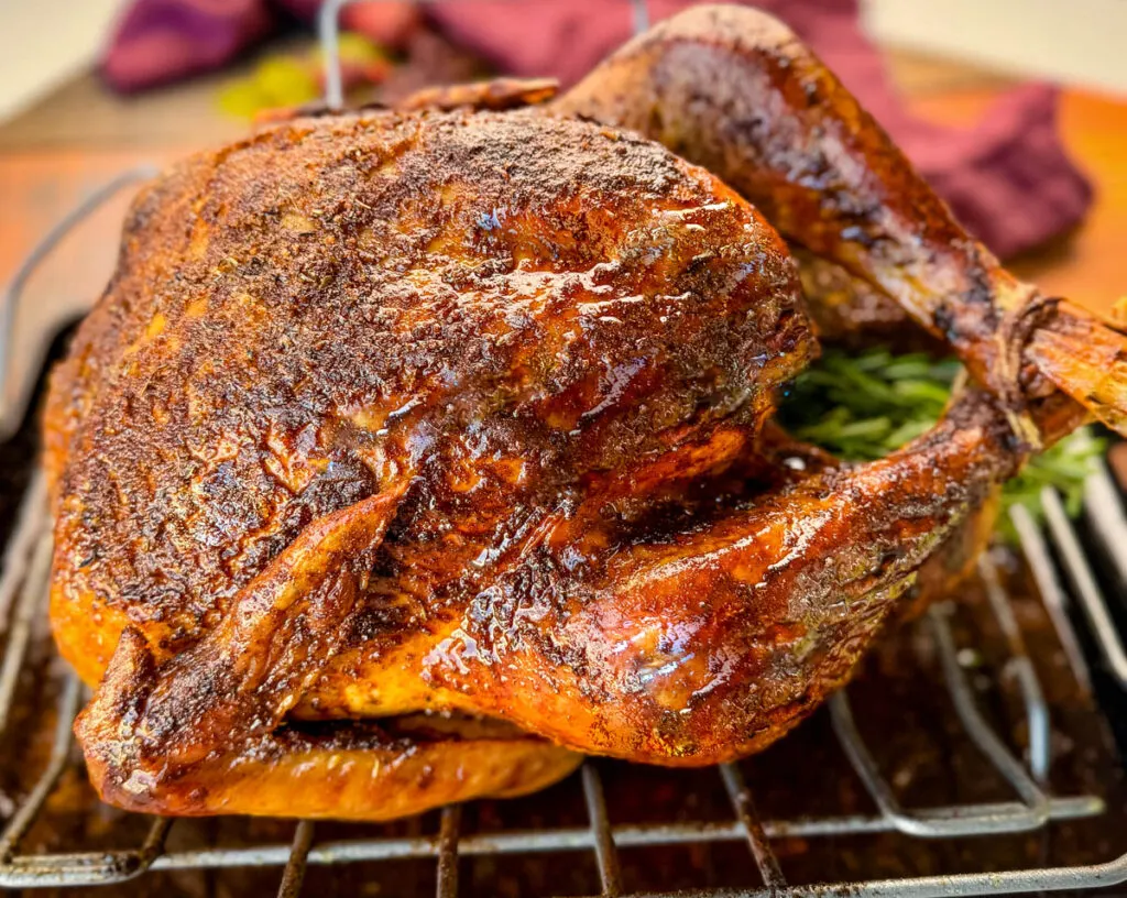 roasted Cajun seasoned turkey in a roasting pan