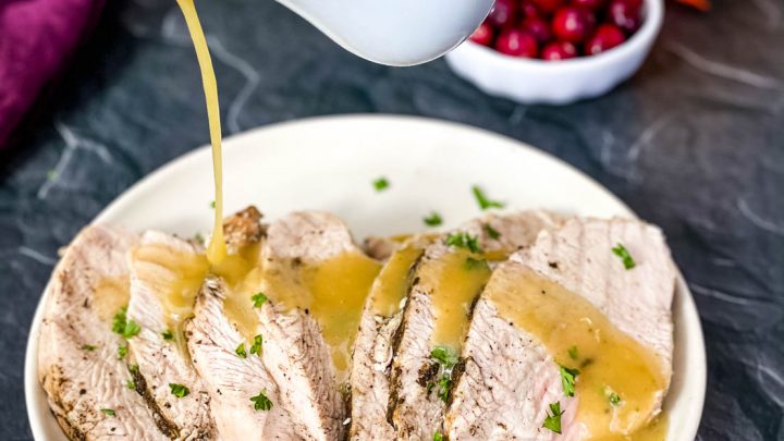 gravy drizzled over Instant Pot turkey breast