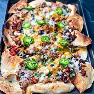 turkey nachos on a sheet pan