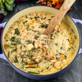 leftover turkey wild rice soup in a Dutch oven