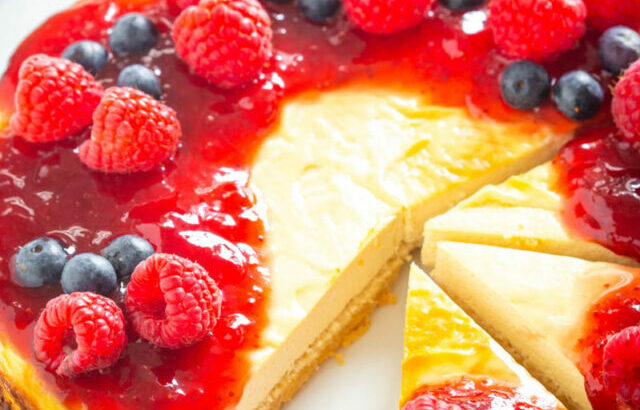 sugar free cheesecake on a plate with berries