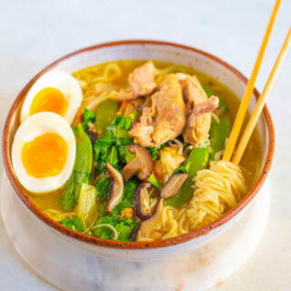 Instant Pot chicken ramen in a bowl with chopsticks