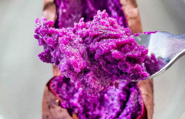 a spoonful of fully cooked Stokes purple sweet potato