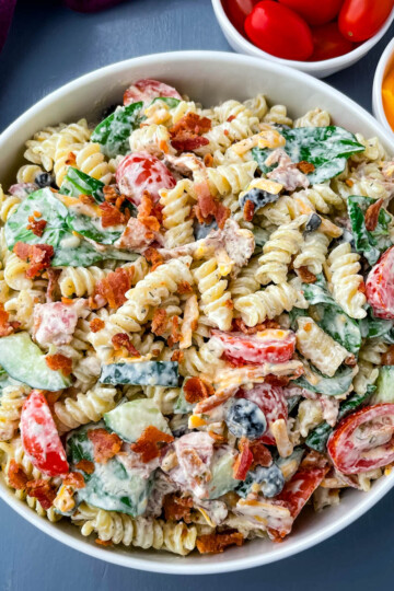 bacon ranch pasta salad in a white bowl