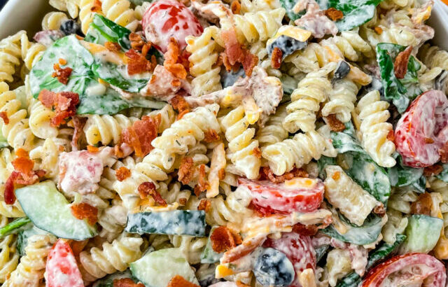 bacon ranch pasta salad in a white bowl