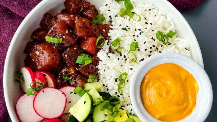 ahi tuna poke in a white bowl