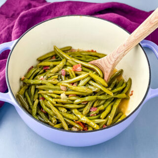 southern green beans in a purple Dutch oven