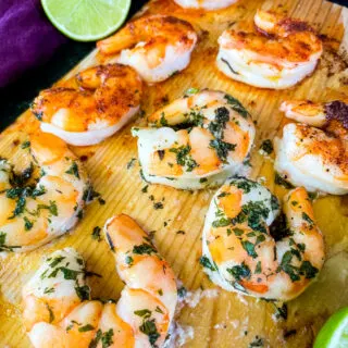 grilled shrimp on a cedar plank