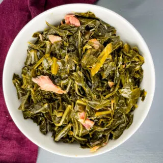 southern collard greens in a white bowl