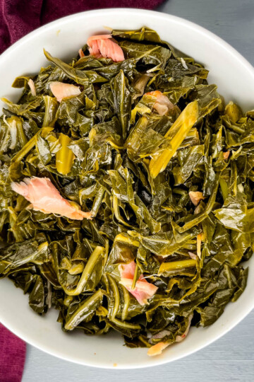 southern collard greens in a white bowl