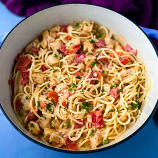 southern chicken spaghetti in a Dutch oven