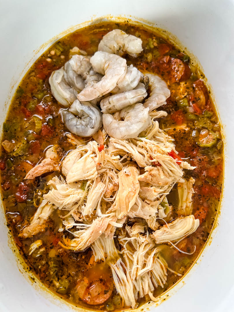 gumbo in a Crockpot slow cooker with chicken and shrimp