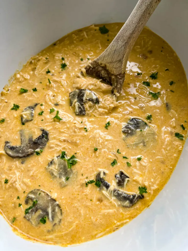 slow cooker chicken stroganoff in a Crockpot