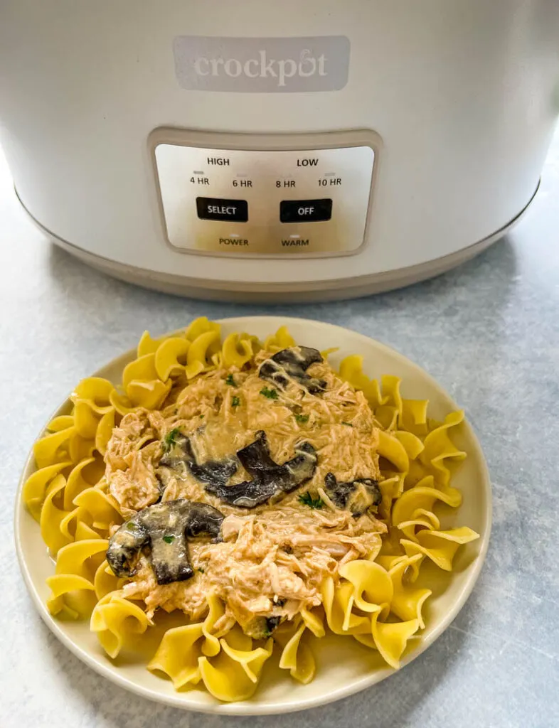 slow cooker chicken stroganoff on a plate in front of a Crockpot