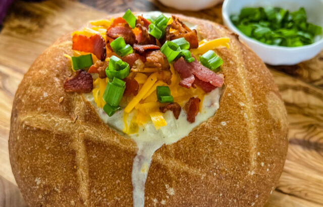 bacon ranch potato soup in a bread bowl